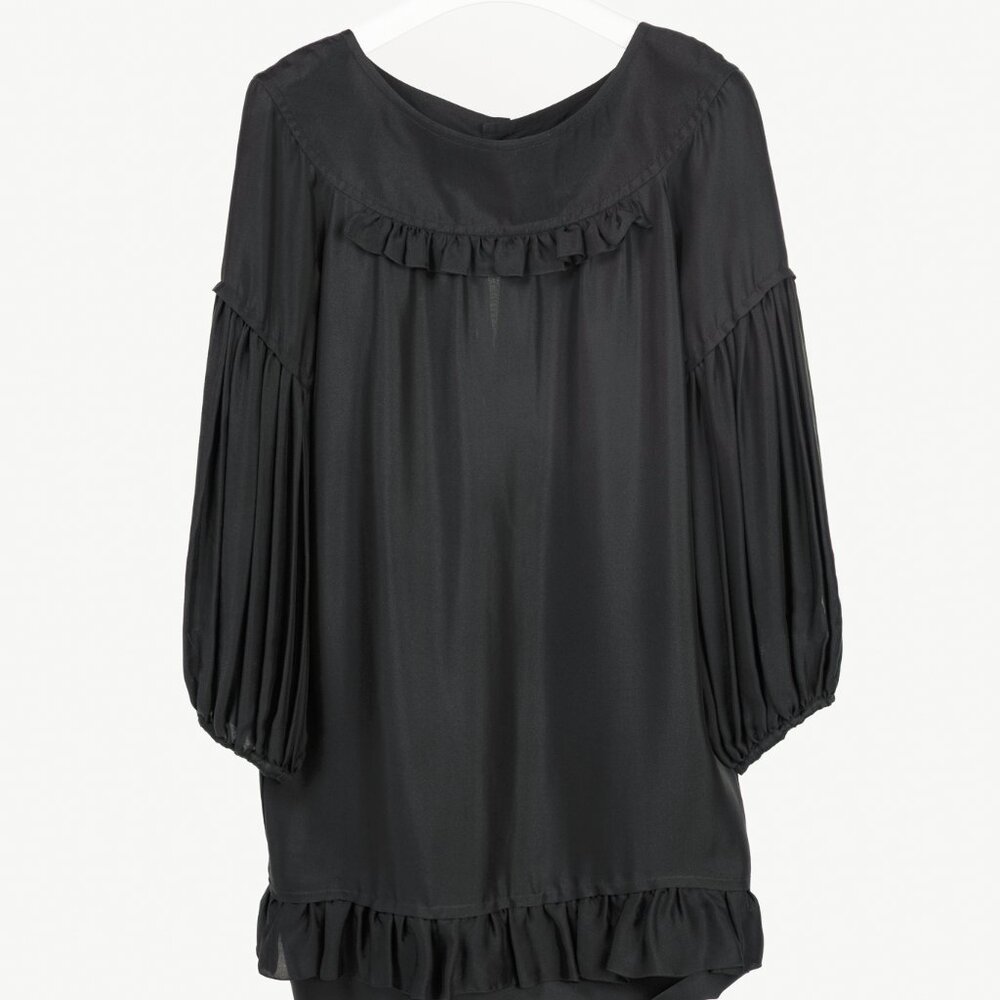 Stella McCartney Black Silk Satin Ruffle-Trim Long-Sleeve Mini Dress